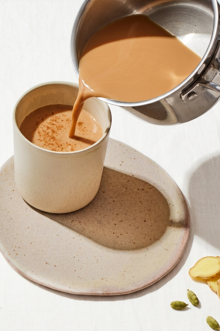 Tea being poured from a pot into a cup on a white background